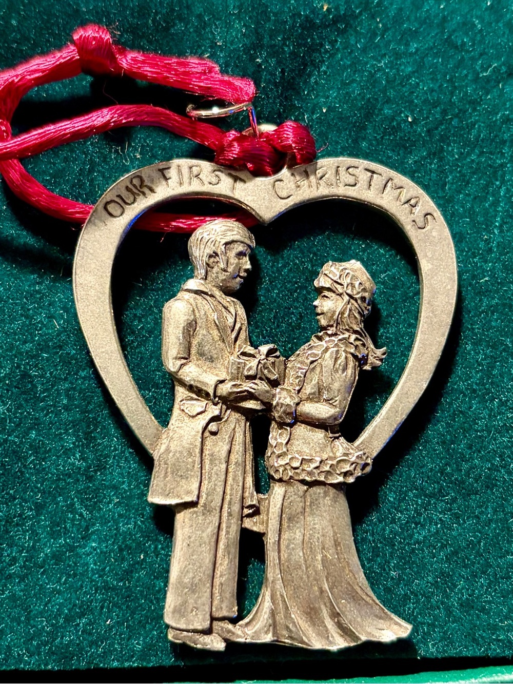 Bronze Heart 'Our First Christmas' Couple Ornament with Red Ribbon